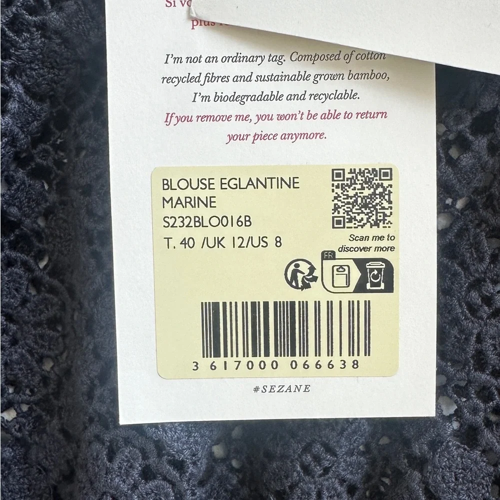 NWT Sezane Eglantine Guipure Blouse in Navy - Picture 11 of 12
